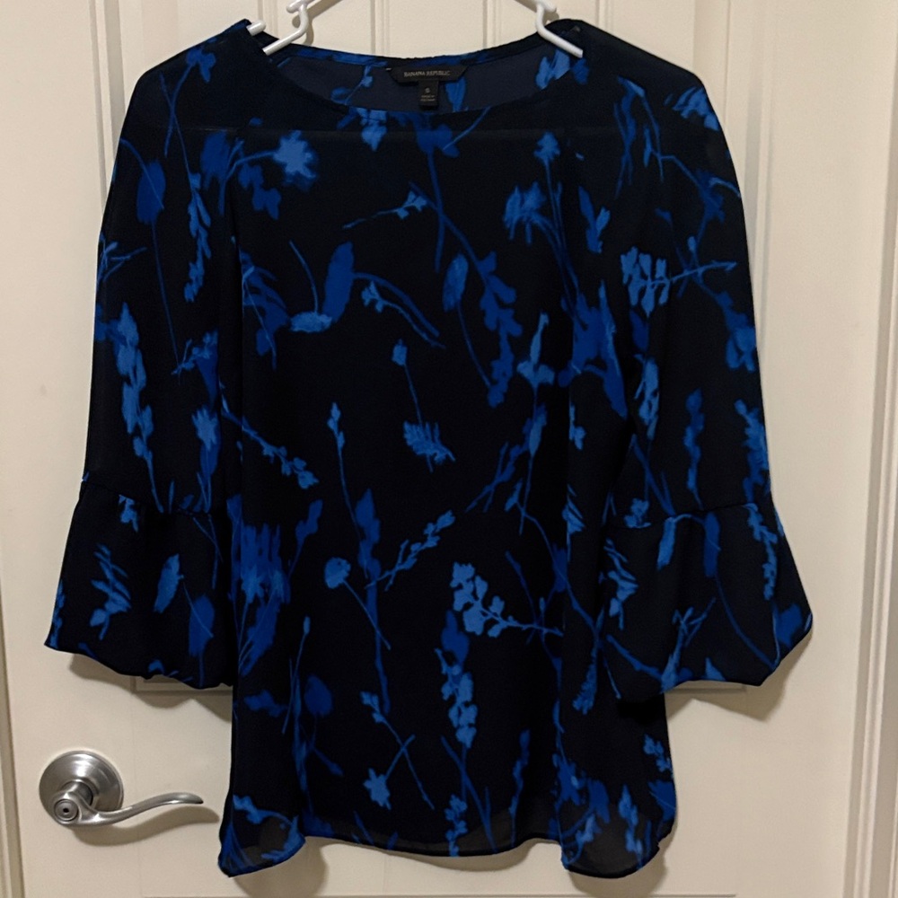 Banana Republic Navy Top with Bright Blue Floral Print‎ and Bell Sleeves